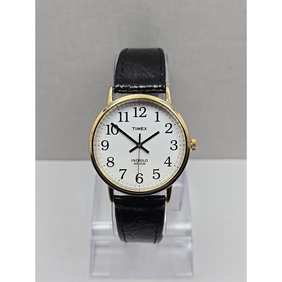 Timex Easy Reader Indiglo Gold Tone 35mm Quartz Watch Black New Battery WR 30M - Picture 1 of 13